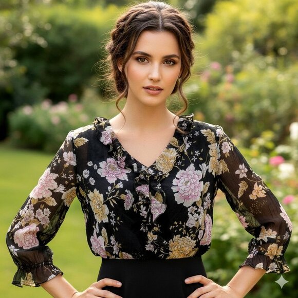 Unknown Tops - Vtg 90s Silk Beaded Blouse L Whimsigoth Fairy Floral Coquette Cottagecore Sheer